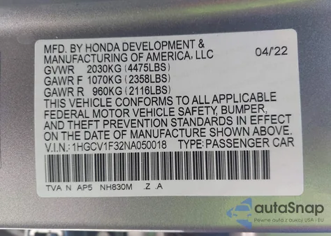 2022 Honda Accord Sport z USA, uszkodzony, nr VIN 1HGCV1F32NA050018